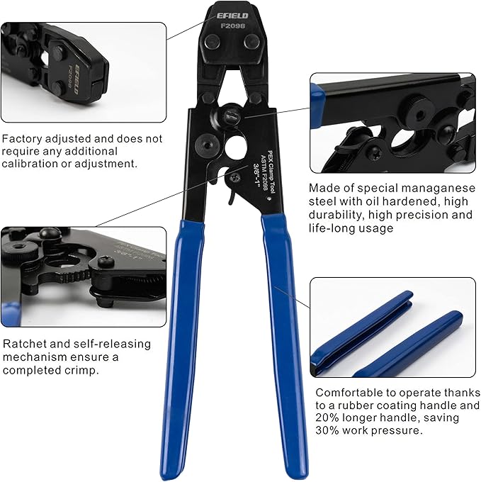 EFIELD Pex Crimp Clamp Cinch Tool for 3/8" with Go/No-Go Gauge - 1"Stainless Steel Clamps meet ASTM F2098 Standard with Metal Pex Pipe Cutter,(TOOL002)