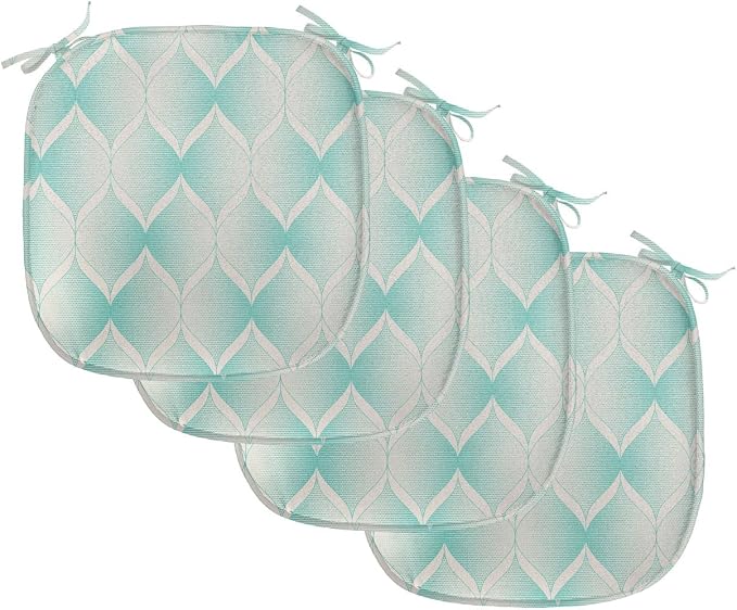 Lunarable Aquamarine Chair Seating Cushion Set of 4, Retro Nostalgic Pattern with Geometry Inspired Motif and Dotted Lines, Anti-Slip Seat Padding for Kitchen & Patio, 16"x16", Turquoise Eggshell