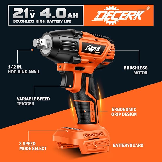 DECERK 400Nm Compact Impact Wrench - Precision Torque for DIY, Bicycle Repair & Furniture Assembly [4000mAh Dual Batteries] [1/2 Inch Driver] [21V MAX] Brushless, Cordless, Electric, Power, Gun