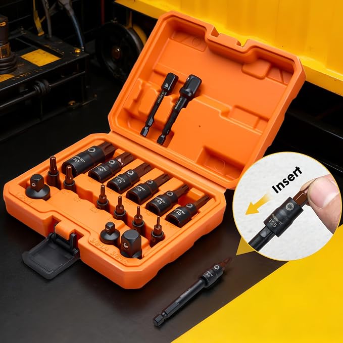 19-Piece Torx Bit Socket Set T8-T70, 1/4", 3/8" And 1/2" Drive, S2 Steel 6 Point Star Bits, CR-V Sockets and 3 Adapter Storage Case for Hand Use Work on Cars, Trucks