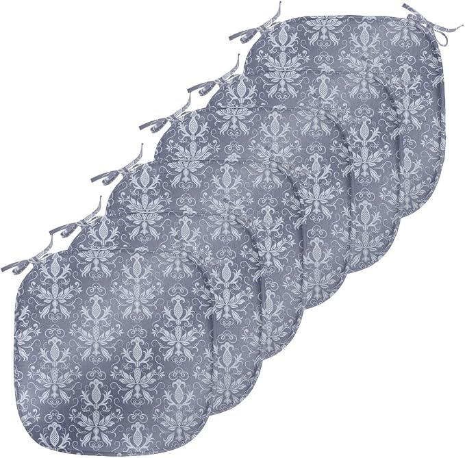 Lunarable Damask Chair Seating Cushion Set of 6, Medieval Repetitive Pattern with Flourish Ornaments, Anti-Slip Seat Padding for Kitchen & Patio, 16"x16", Purpleblue Ceil Blue