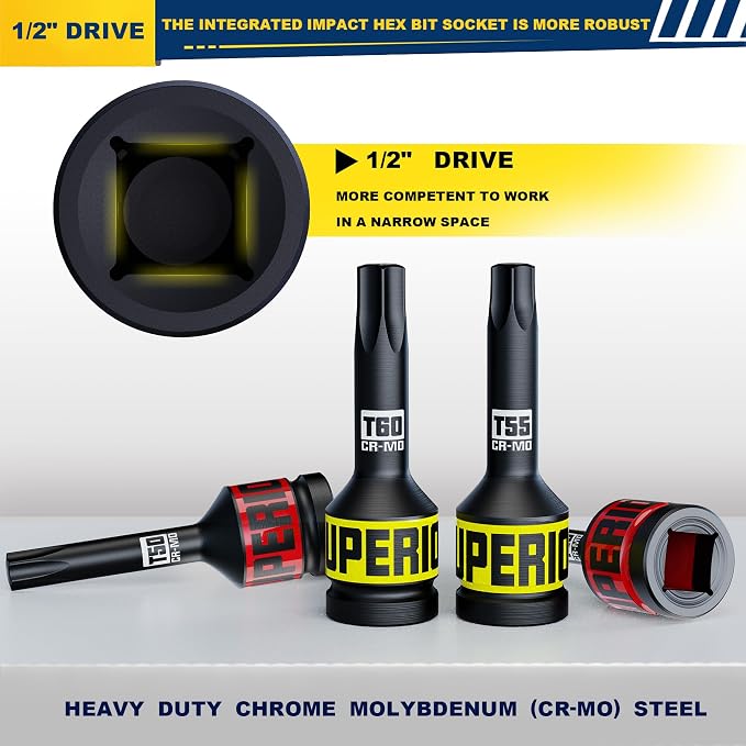 10 Piece 1/2" Drive Impact Torx Bit Socket Set, T25 - T80, Impact Star Bit Socket Set, CR-MO Steel, Automotive Machinery Repair Bicycle Servicing and Furniture Assembly