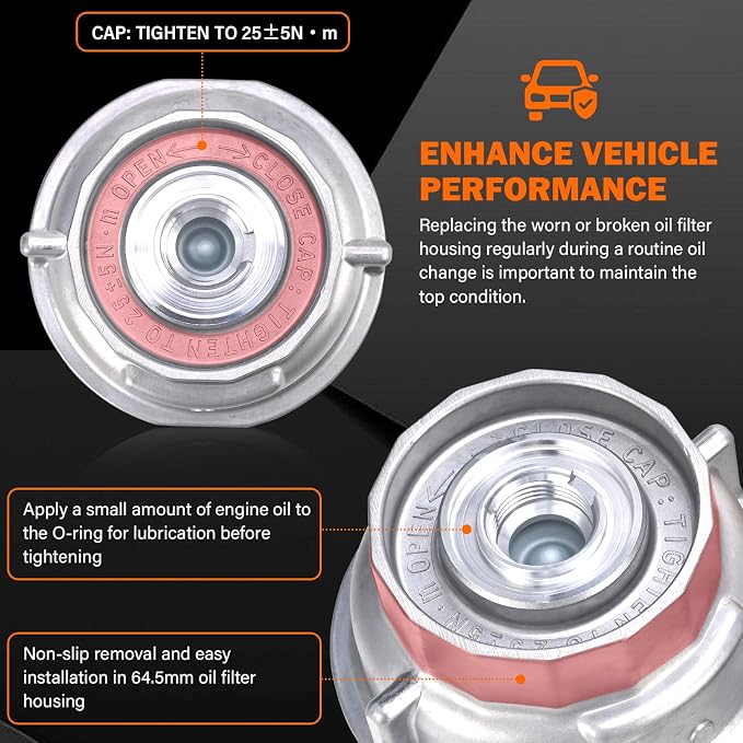 Upgraded Aluminum Oil Filter Housing Cap Assembly with O-Ring Seal Replacement for Toyota Camry Highlander RAV4 Sienna Tacoma Tundra 4Runner Avalon Lexus RX350 ES350 Replaces 15620-31060