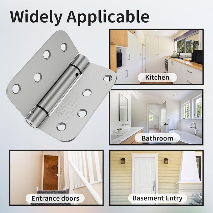 4 Pack Self Closing Door Hinges, 4 Inch Spring Loaded Door Hinges with 5/8'' Radius Corners, Adjustable Tension for Garage, Front, Back Door, UL Listed, Left and Right Hand, Brushed Nickel