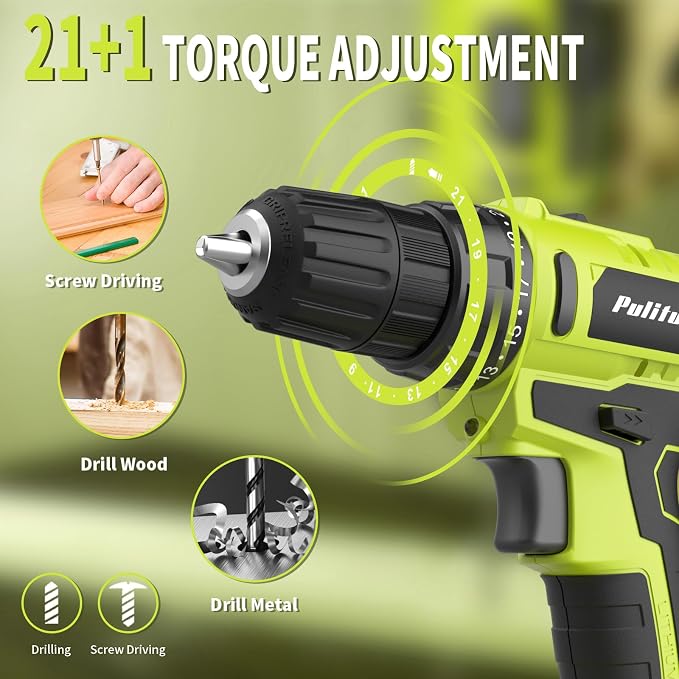PULITUO 20V Max Cordless Drill/Driver Set with Storage Bag, 2 Batteries, 30Nm, 21+1 Torque, 2 Speed, Keyless 3/8" Chuck, LED Light, Electric Screwdriver Function, Home Kit (Green)