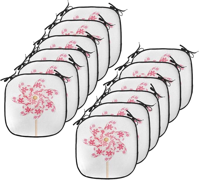 Lunarable Pinwheel Chair Cushion Pads Set 12, Pinwheel Paper Power Wood Cheering Color Pin Freedom Happiness Family Time, Anti-Slip Seat Padding for Kitchen & Patio, 16"x16", White Coral Rose
