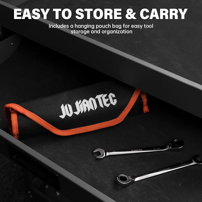 JUJIAN TEC 9-Piece Metric Ratcheting Combination Wrench Set | 72-Tooth Reversible Ratchet, Cr-V Steel, 8-19mm, Roll-Up Pouch