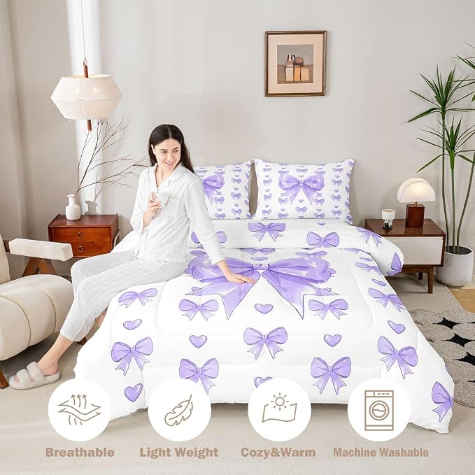 Feelyou Cute Purple Bow Comforter Set All Season Love Hearts Bowknot Bedding Set with 2 Pillow Cases Princess Bow Microfiber Kids Full Bedclothes Bedroom Decor Duvet Quilt Breathable Soft Lightweight