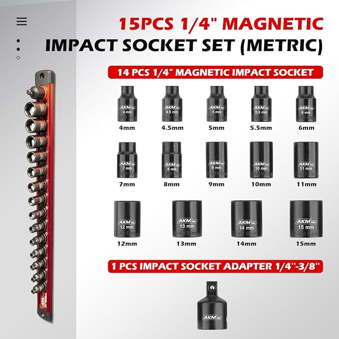 1/4 Inch Drive Magnetic Impact Socket Set, 15-Piece Metric, 4mm-15mm, 6 Point, Cr-Mo, Square Drive, Magnetic Sockets with Adapter, Rail