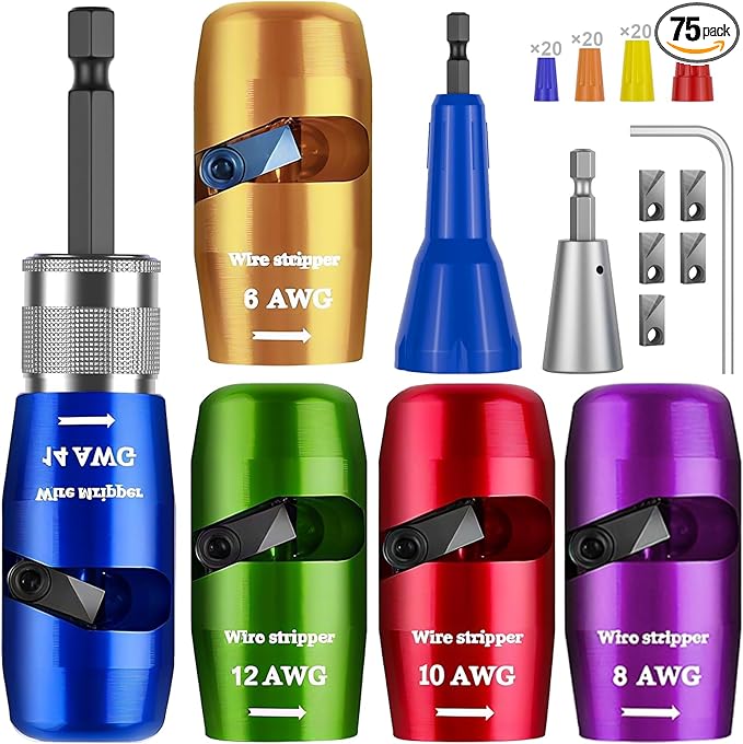 Wire Stripper Twister Tool for Drill,2026 Upgraded Wire Stripping Tool & Wire Twisting Connector for Cutters 6-14 AWG,8 In 1 Professional Electrician Twister Stripping with 70 PCS Wire Nut 5 PCS Blade