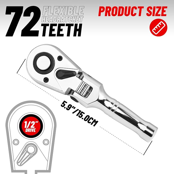 1/2 Inch Drive Stubby Ratchet Flex Head Ratchet 5.9"/150mm | 1/2 Ratchet Ratchet Wrench, Small Socket Wrench, 72 Tooth Quick Release Swivel Head Ratchet Cr-Mo Flexible Ratchet Handle