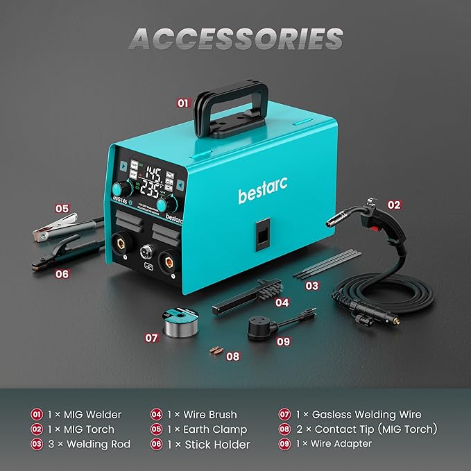 bestarc 145A MIG Welder, 110V/220V Gasless Flux Core MIG Welder/Lift TIG/Stick 3 in 1 Synergic MIG145 5GEN Welding Machine, Portable Flux Welder with Digital Screen Display