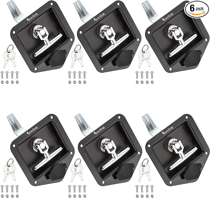 Black T-Handle Truck Tool Box Latch Replacement kit, 6PCS Folding Lock with Keys Truck Box Trailer Door RV Camper Storage Box, 4.9" L x 4.8" W, 6 Pack