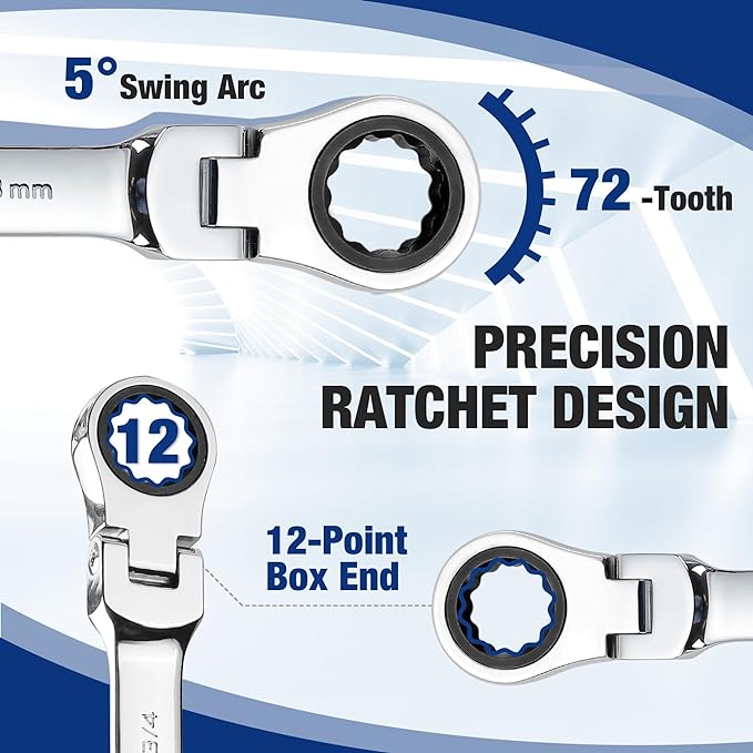 WORKPRO 22-Piece Ratcheting Wrench Set, Flex-Head & Polished | Metric & SAE (6-18 mm & 1/4-3/4''), 72 Teeth Cr-V Steel, Combination Wrench Set with Organizer Box for Auto Repair & Home DIY