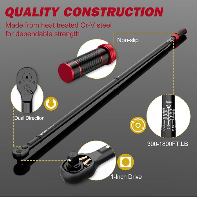 VANPO 1" Drive Torque Wrench 300-1800 Ft-Lb, 70.9" Leverage | 24-Tooth, Heavy-Duty Torque Wrench Set with Hex Key for Industrial Equipment, TTrucks,Excavator