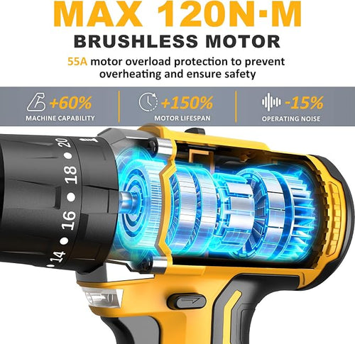 1060In·lbs Cordless Power Drill - 21V Brushless Hammer Drill Set w/ 2×4.0Ah Battery, 20+3 Torque, 2 Speed, 1/2" Metal Chuck for Home DIY Woodworking Thin-Metal Brick Light-Concrete Drilling