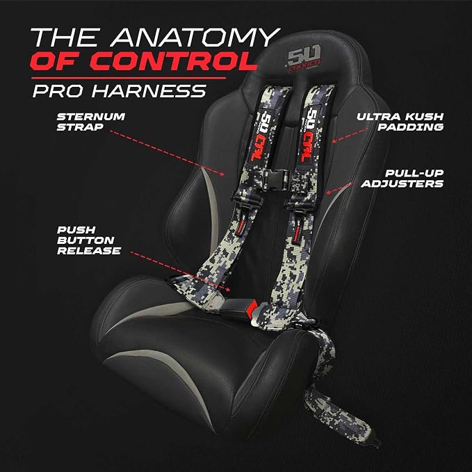 1pc 50 Cal Camo 4 Point Harness 2in Straps, Racing Harness Seat Belt | Ultra Kush padding, Push Button quick release hardware. Universal Fit for UTV, RZR, race car.