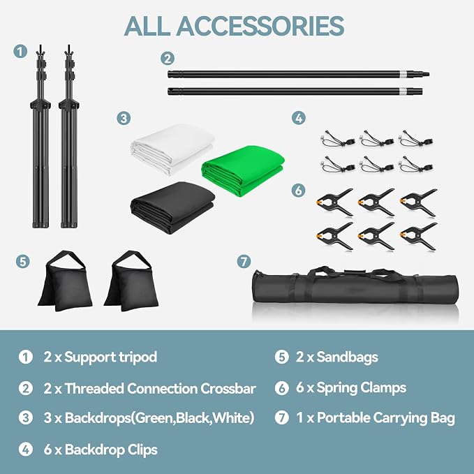 7x10 FT Backdrop Stand Kit with Black, White, Green Background