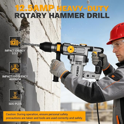1-1/4 Inch SDS-Plus Rotary Hammer Drill, 12.5Amp Electric Heavy Duty Hammer Drill Corded with 4 Functions, Demolition Hammer for Concrete with Drill Bits and Chisels, Safety Clutch & Vibration Control