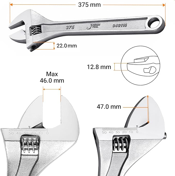 Jetech 15-Inch Adjustable Wrench, Professional Heavy Duty, Chrome Vanadium Steel, Shifter Spanner with Inch/Metric Scale, Wide Caliber Opening, Rust-Resistant Finish