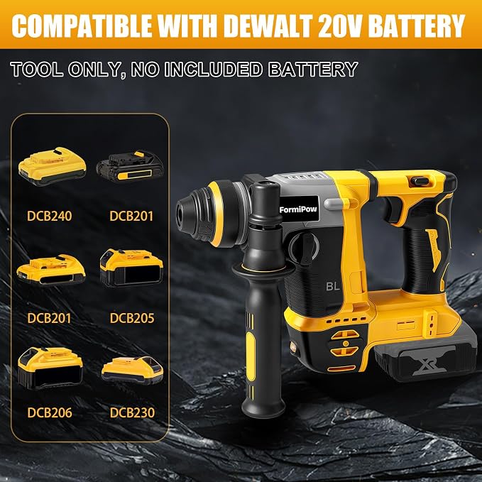 SDS-Plus Rotary Hammer Drill for Dewalt 20V Battery, 3J Impact Brushless Hammer Drill with 2 Mode Operation, Cordless Hammer Drill with 3 SDS Plus Bits & Chisel Set (No Battery)