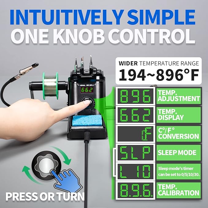 YIHUA 926 III 60W Digital Display Soldering Iron Station Kit w 2 Helping Hands, 6 Extra Iron Tips, Lead-Free Solder, Solder Sucker, S/S Tweezers, °C/ºF Conversion, Auto Sleep & Calibration Support