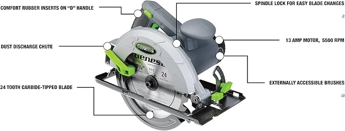 Genesis GCS130 13-Amp 7-1/4-In. Circular Saw with 24T Carbide Tipped Blade, Rip Guide, Blade Wrench, and 2 Year Warranty