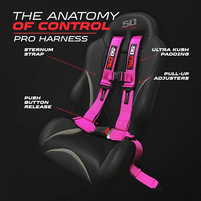 1pc 50 Cal Pink 4 Point Harness 2in Straps, Racing Harness Seat Belt | Ultra Kush padding, Push Button quick release hardware. Universal Fit for UTV, RZR, race car.