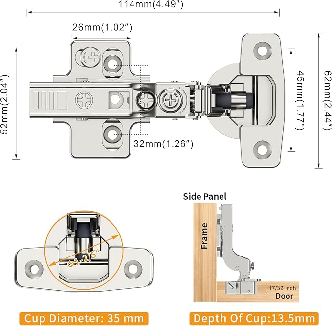 Chibery 20 Pack Frameless Inset Soft Close Concealed European Hinges, Self Closing Satin Nickel, 105 ° Open Angle 4D Adjustment, Speed Control, Clip On, Stainless Steel for Cabinet Door