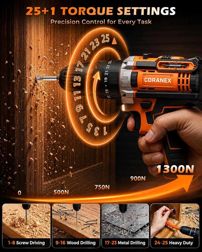 21V Cordless Drill Set with Case | Easy to Control & Lightweight | 2 Batteries | 3/8" Keyless Chuck | For Home Repair & Furniture Assembly