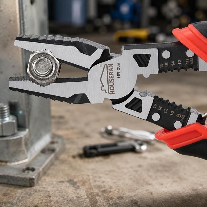 Linemans Pliers, 8.3 Inch Combination Pliers, | with Wire Stripper and Crimper, Spring Loaded with Safety Lock, 5-in-1 Linesman Pliers for Cutting, Crimping, Stripping