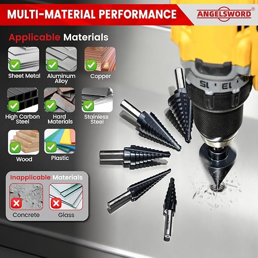 ANGELSWORD Step Drill Bits, 50 Sizes, 5PCS M35 TiAlN Coated Step Drill Bit Set for Stainless Steel, High Carbon Steel, Hard Material and Sheet Metal, with Aluminum Case