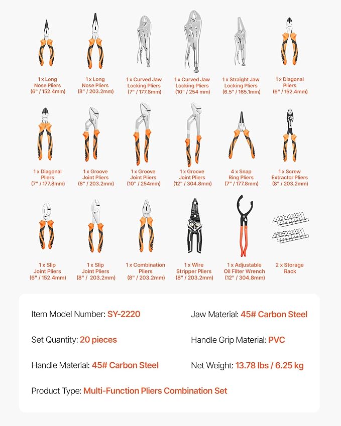 VEVOR Pliers Set 20-Piece Utility Set Polished Carbon Steel Jaw Hand Tools | For DIY & Home Use, Long Nose, Locking, Diagonal, Groove Joint, Snap Ring, Slip Joint Pliers, with 2-Pack Organizer Rack