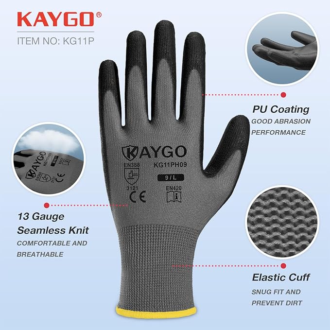 KAYGO Work Gloves for Men and Women, 12 Pairs Seamless Knit PU Coated Safety Gloves, with Smooth Grip on Palm and Fingers, Ideal for Light Warehouse, Manufacturing, Gardening, KG11P (2XL,Gray)