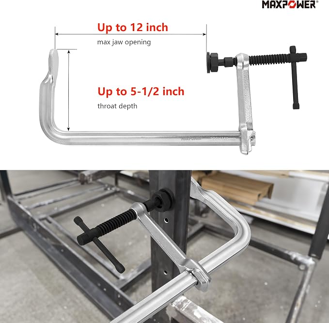 MAXPOWER 12 inch F Clamp, 5-1/2 inch Throat Depth, Replaceable Swivel Pads, Max Jaw Opening 12-inch Heavy Duty Clamps for Welding
