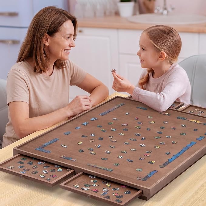 TEAKMAMA 1500Pcs Jigsaw Puzzle Table with 4 Drawers for Adults,Brown | Wooden Jigsaw Foldable Puzzle Board with legs,with Protective Cover,Multifunctional Game Table,34W x 26.3D