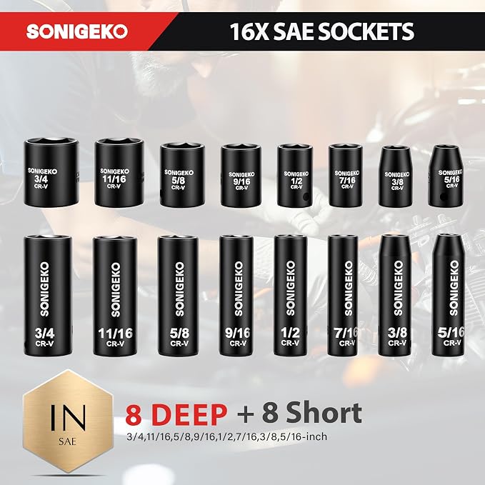 48-Piece 3/8" Drive Impact Socket Set CR-V Steel | SAE (5/16 to 3/4 inch) and Metric (8-22mm) Size, 3" and 6" Drive Extension Bar, Universal Joint, 3/8" to 1/2" Impact Adaptor