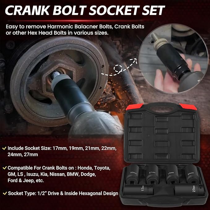 1/2" Drive Weighted Crank Bolt Socket Set, 17MM, 19MM, 21MM, 22MM, 24MM 27MM, Harmonic Balancer Socket Set, Weighted Deep Impact Socket Set, 3 Times Momentum Power of Standard Impact Socket
