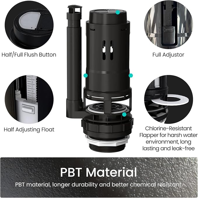 R&T Universal Dual Flush Valve for 2-piece Toilet with Top Push Button Toilet Repair Kit Inside Tank Compatible with 3-Inch and 2-Inch Toilet Drain Outlet A2422