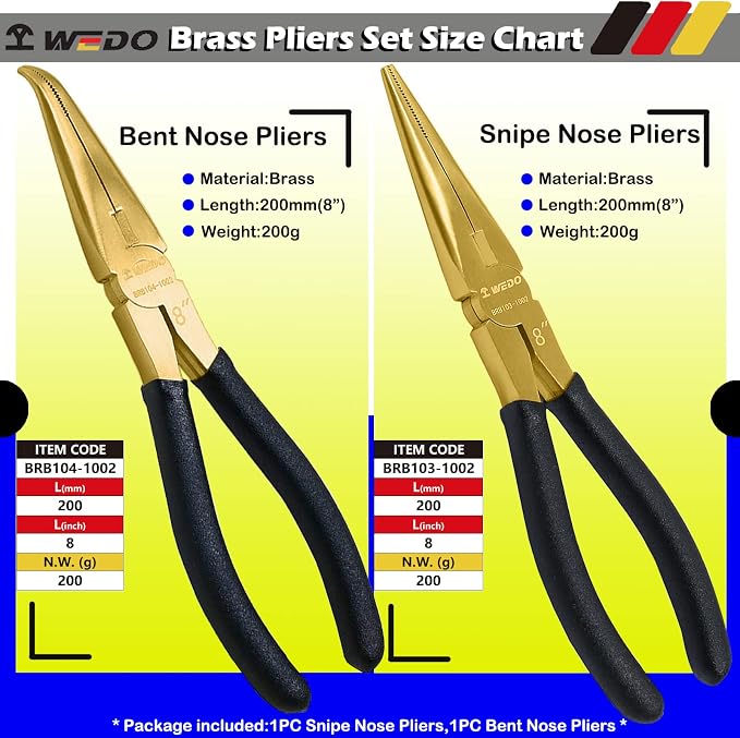 WEDO Brass Pliers Set - Non-Slip Handle, 8" Snipe Nose & Bent Nose Pliers, 200mm