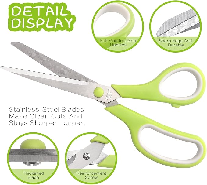 Scissors All Purpose Bulk Set of 3, Scissors for Office Home School Craft Supplies, Soft Comfort-Grip Right/Left Hand, Viridian, Vivid Green, Pink