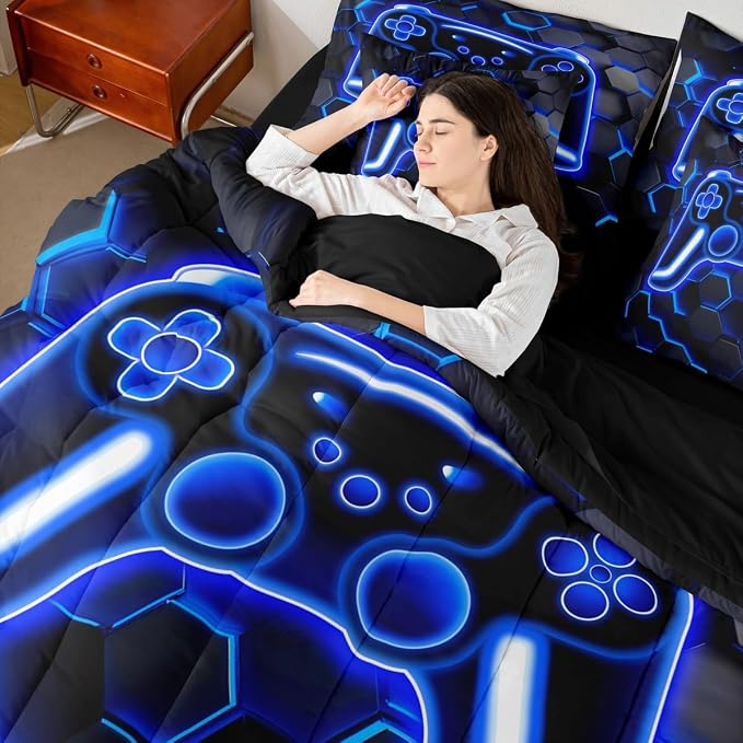 Erosebridal Gaming Queen Comforter Set with Sheets, Neon Honeycomb Gamer 7 Piece Bedding Set Retro Game Console Bed in a Bag, Blue Hexagon Lights Room Decor,Gamer Room Decor for Boys