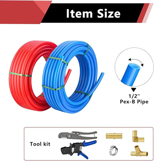 (Pipe&Combo Kit) EFIELD 1/2" 2 x100 ft Pex-B Pipe 200 ft,Brass Fittings, Ratchet Crimping Tool, Cinch Clamps, Cutter Combo Kit (All in One)