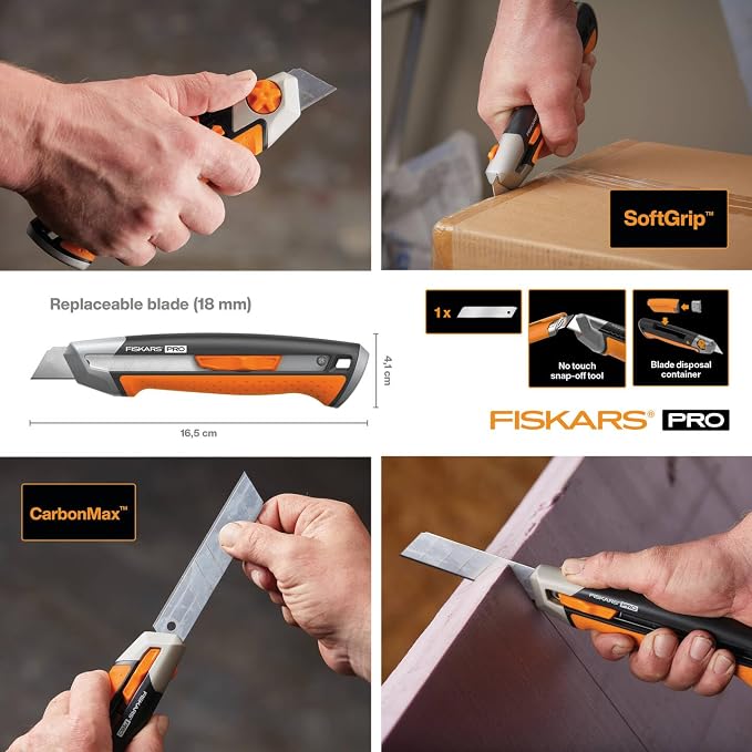 Fiskars CarbonMax Snap-Off Knife, Length 16,5cm, Including (18mm), Stainless Steel Blade/Plastic Handle, 1027227, Orange/Black
