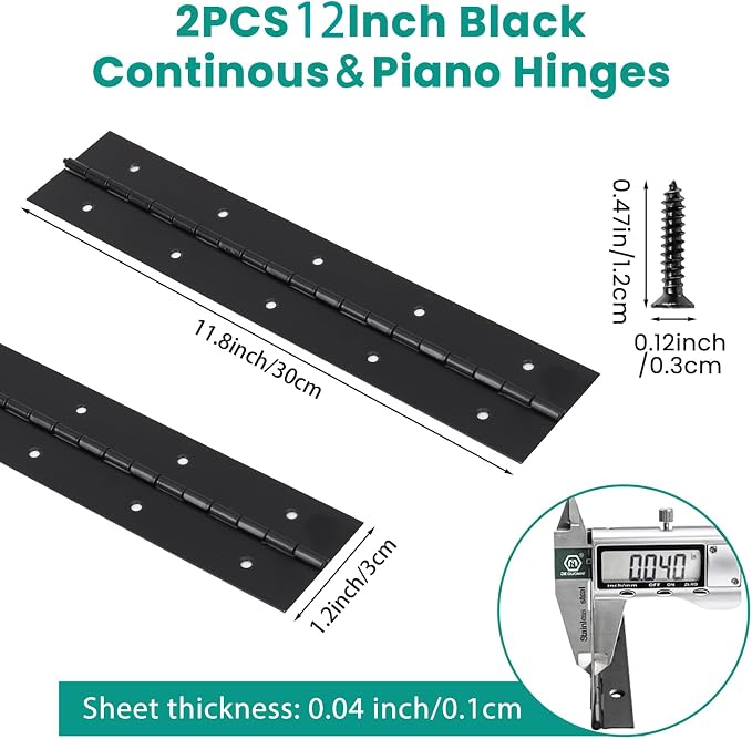 2Pcs 12inch Black Heavy Duty Continuous&Piano Hinges,1.2" Open Width Stainless Steel Piano Hinge with Holes and Screws,Working for Wood Box,Wood Furniture,Piano Cabinets.