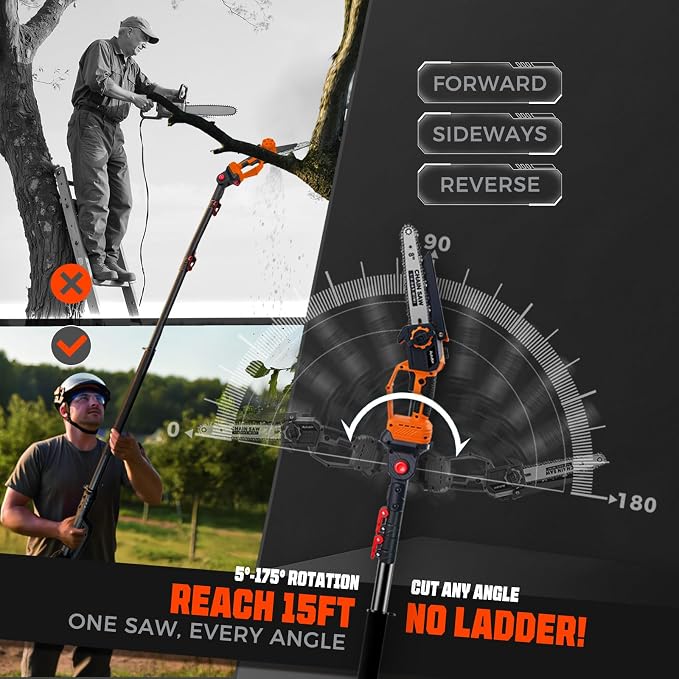 2-in-1 Electric Pole Saw for Tree Trimming,1200W Brushless Cordless Pole Saw & 8 Inch Mini Chainsaw with 2 x 4.0Ah 21V Batteries,16 FT Max Reach & Multi-Angle, Tree Trimmer for Branch Cutting.