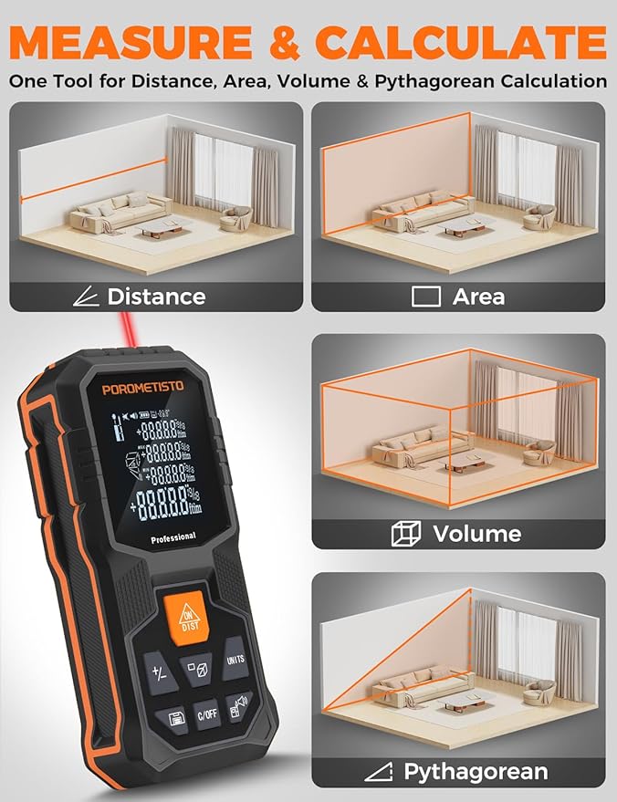 Laser Distance Meter POROMETISTO 164ft/50m, Digital Angle Finder, 12 Modes for Angle Area Volume Pythagorean Distance, ±2mm High Accuracy, Tripod Interface Design Handheld Digital Rangefinder
