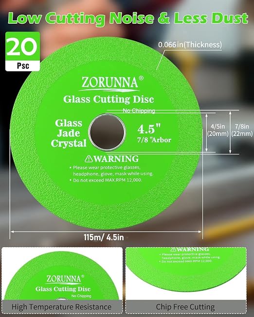 ZORUNNA Glass Cutting Disc for 4-1/2" Angle Grinder, 20 Pack Glass Ceramic Diamond Cutting Blade Disc 7/8" for Grinding Jade, Crystal, Wine Bottles, Tile.