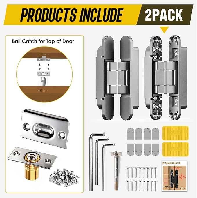 6inch Hidden Door Hinge,Concealed Hinges,Hidden Door Hardware kit,Invisible Door Silent 180 Degree Swing Hinge 3-Way Adjustable Butt 6 x 2.5 x 1inch (Silver, 6 inches)