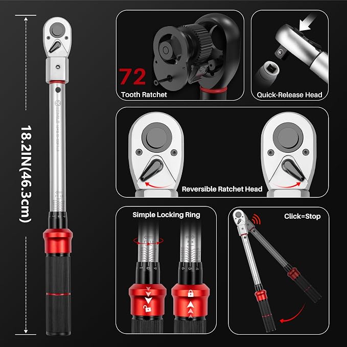 Adjustable Open End Torque Wrench 1/2" Drive-10-120 Ft-Lb for HVAC | 40MM 1/2 Inch Pound Torque Wrench(13.6-162.6Nm), Interchangeable Jaw&Ratchet Head for Car Moto Narrow Pipeline DIY